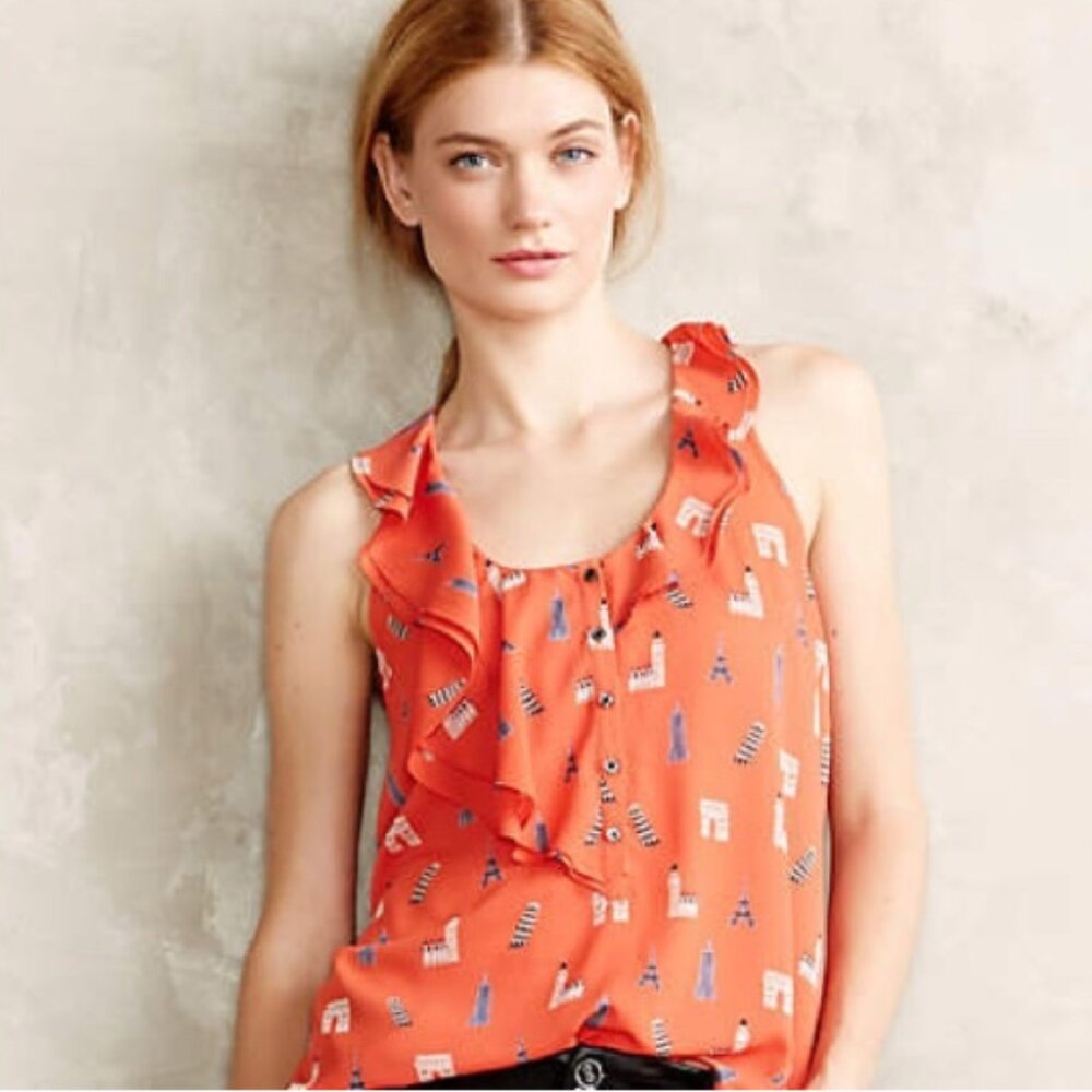 Anthropologie Maeve Aurelie Landmark Sleeveless Asymmetrical Ruffle Blouse Sz 6